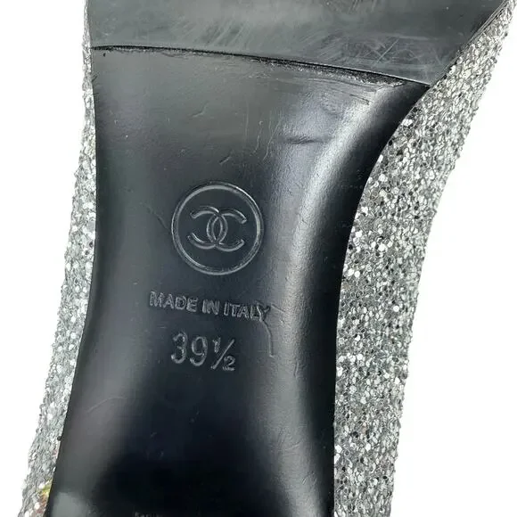 Chanel Glitter Patent Leather Cap Toe Mary Jane Pumps Silver Size 39.5 - Picture 11 of 12